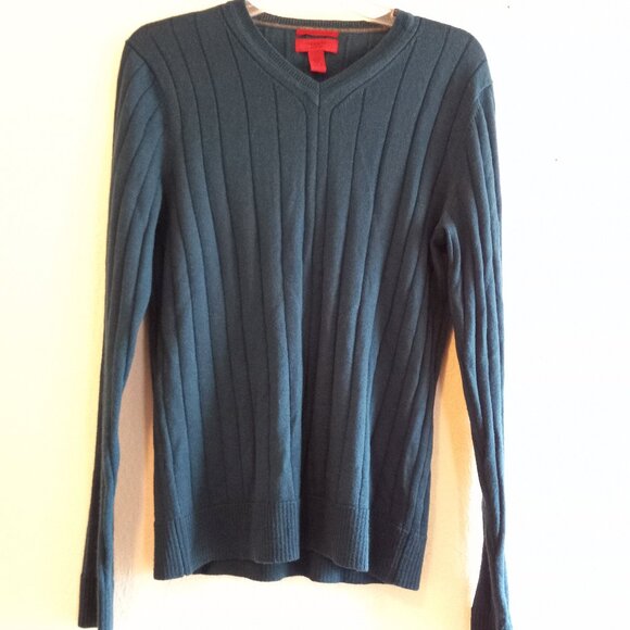 Dark Teal Merino Wool Blend V Neck Sweater 90s Minimalist Academia Classic - Picture 3 of 14
